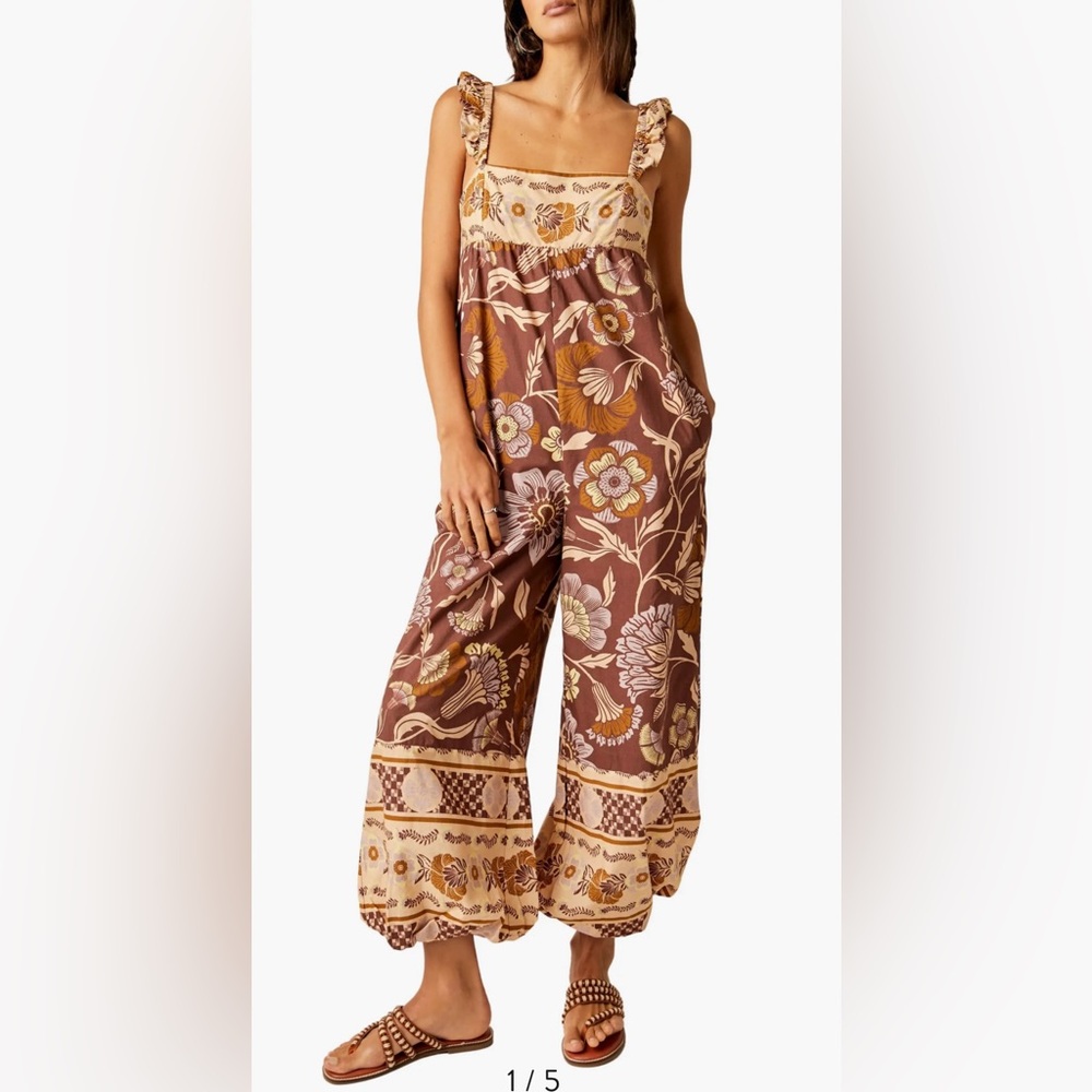 Free People Bali Collection Albright Floral Cotton Jumpsuit in Coffee Combo